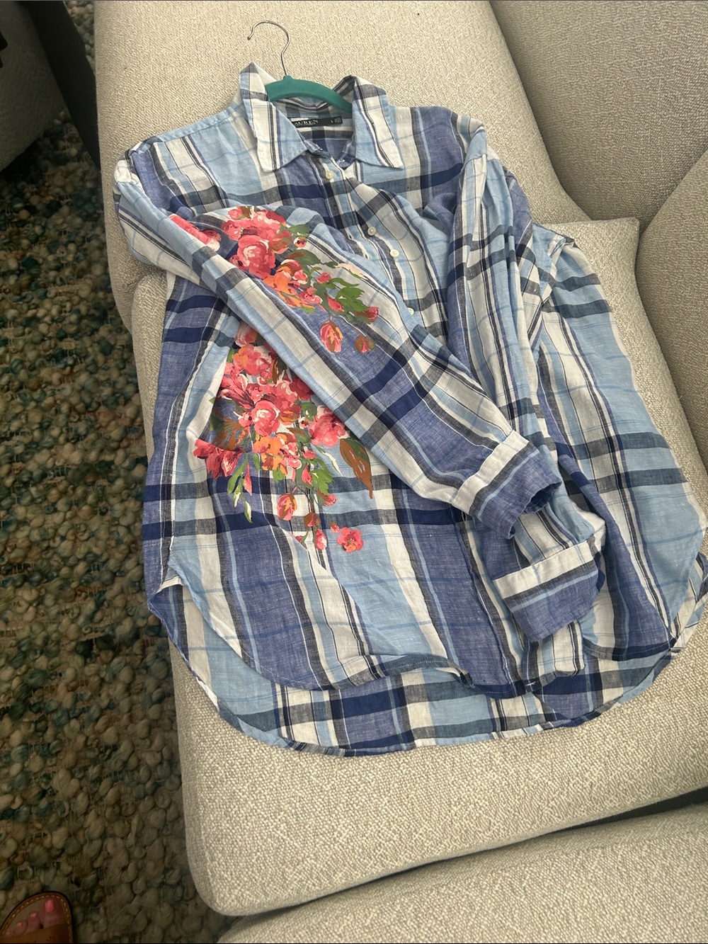 Ralph Lauren Blue Plaid Button-Up Shirt with Pink Floral Accent